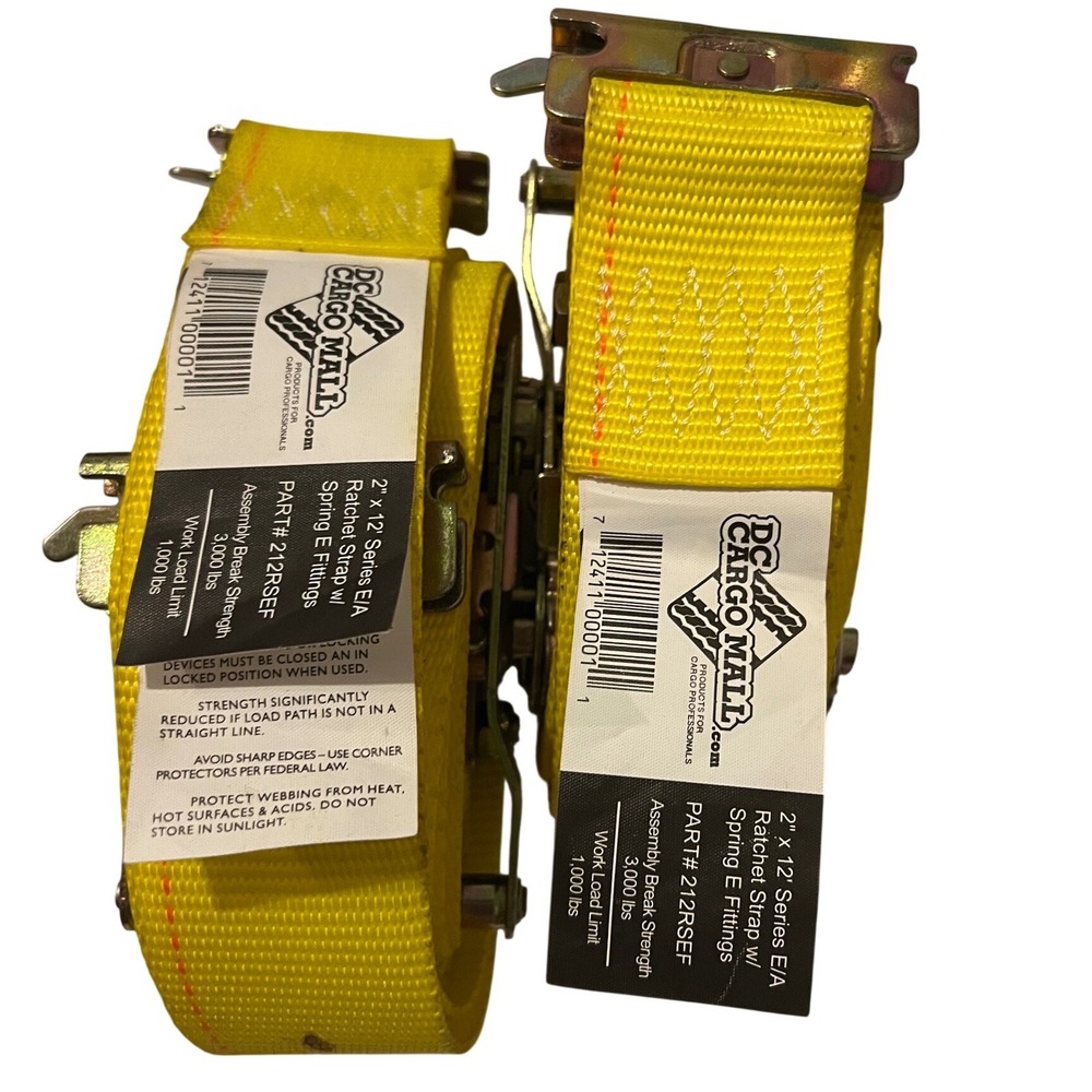 DC Cargo 2 Pack 2" x 12' Ratchet Straps Spring E Fittings 212RSEF 3000lb Yellow